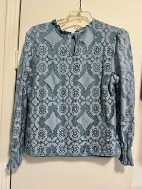 Ultra Pink Dusty Blue Lace-Overlay Long Sleeve Blouse